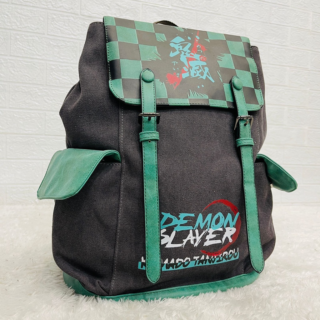 Tas Demon Slayer Green Buttons Kimetsu No Yaiba Premium Unisex Bagpack Tas Sekolah Wibu