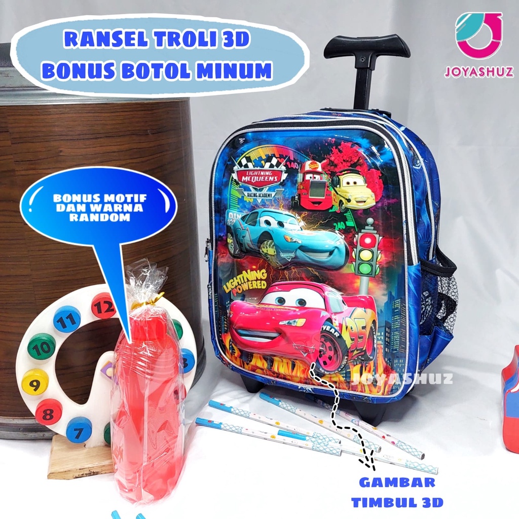 Tas Troli Anak Laki Laki Karakter Cars Gratis Bonus - Ransel Anak Laki-laki - Ransel Troli Anak TK - Troli Ultraman 3D - Tas Gratis Botol -  Tas Sekolah Anak Troli - Ultraman Cars - Tas Dorong Cars - Joyashuz