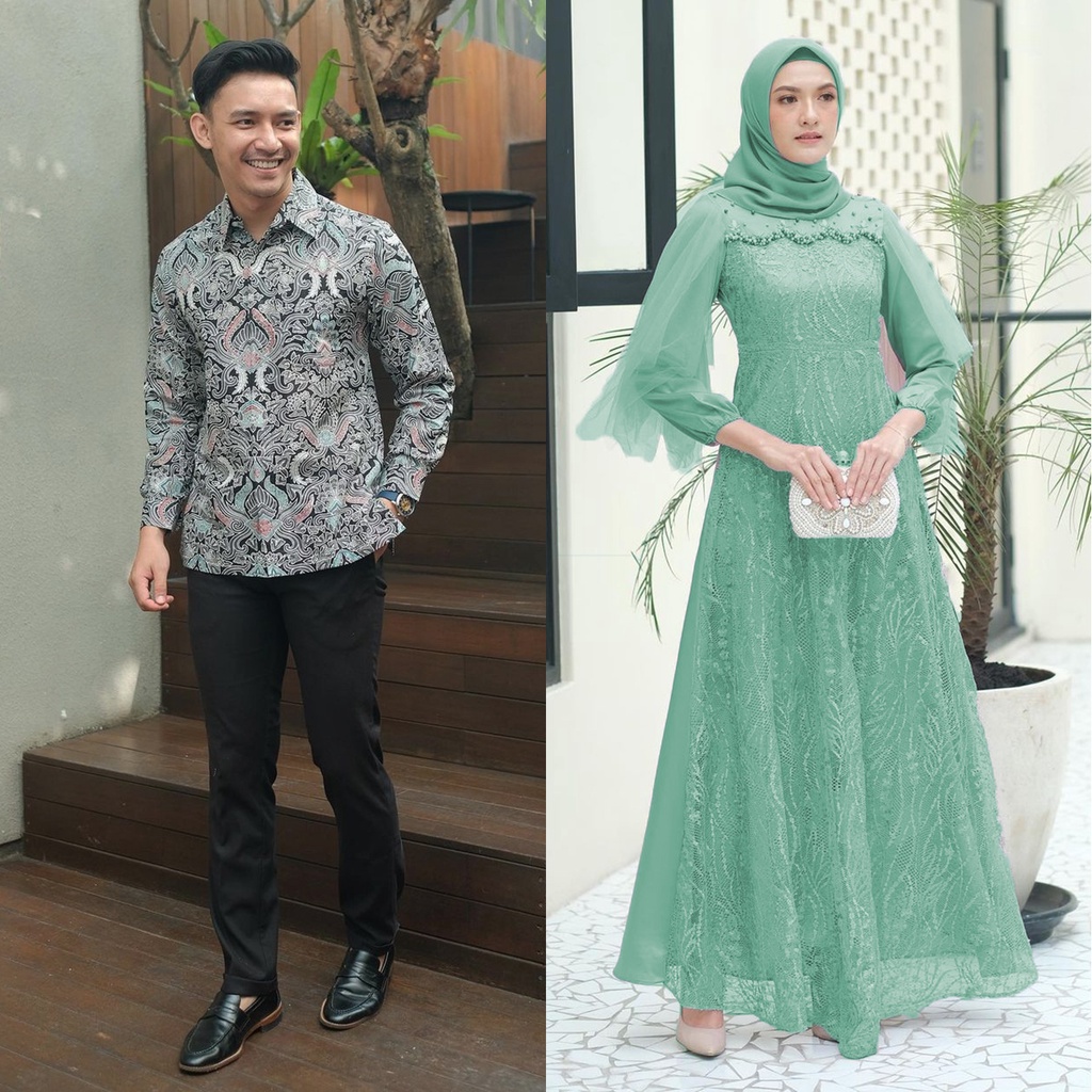 Maura Couple - Sania Ruffle Batik Couple Ori Ndoro Jowi DNT Garansi Termurah Shoope - Couple Gamis Lebaran