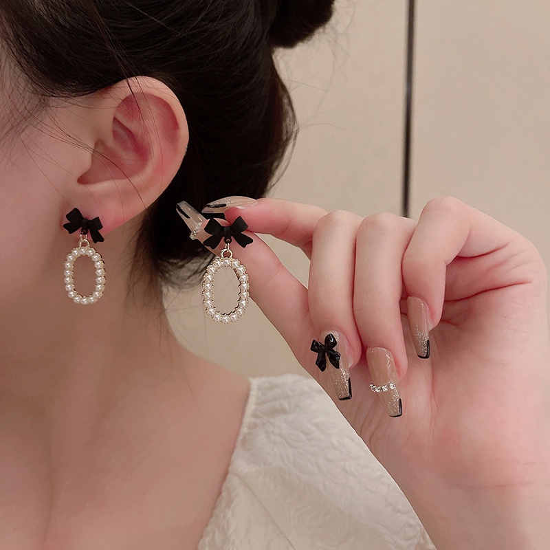 Anting Busur Hitam Anting Tusuk Mutiara Emas Drop Earring Untuk Aksesoris Perhiasan Wanita