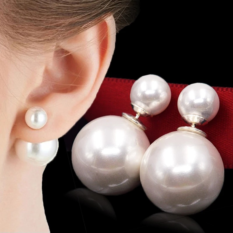 Fashion Wanita Anting Dua Sisi Putih Stud Earrings Gadis Mutiara Telinga Stud Earring Hadiah Perhiasan Pesta Pernikahan