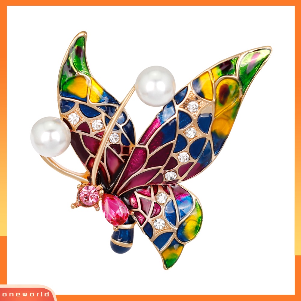 [WONE] Wanita Retro Multicolor Enamel Faux Pearl Antennae Butterfly Bros Pin Perhiasan