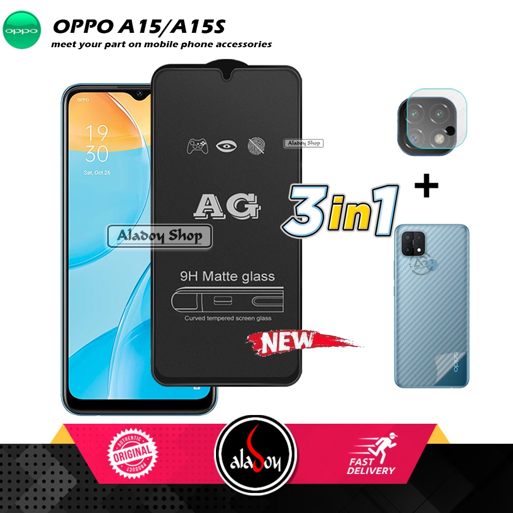 Paket 3IN1 Tempered Glass Layar Matte Anti Glare Oppo A15/A15S Free Tempered Glass Camera dan Skin Carbon