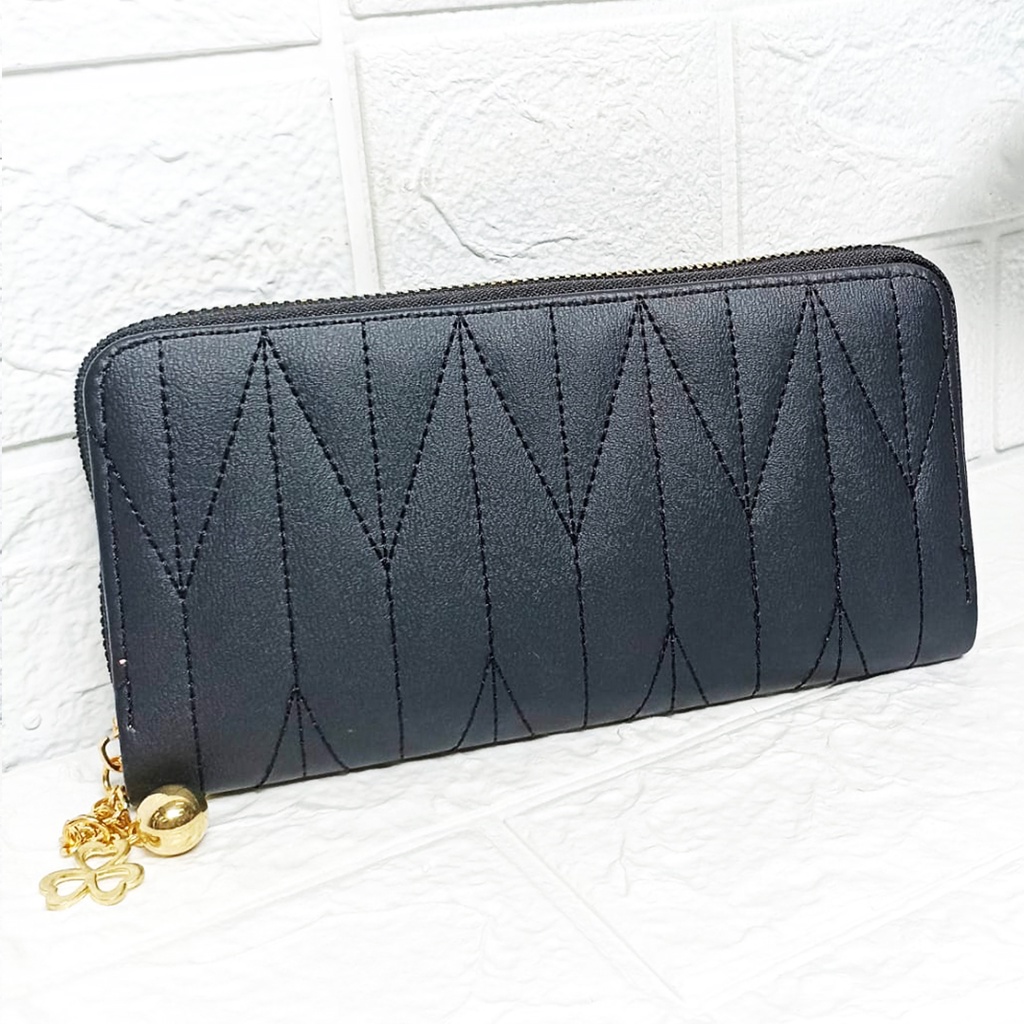 CYS Dompet Panjang Wanita Resleting Hitam Polos Kulit PU Timbul Fashion Simpel Kekinian D83
