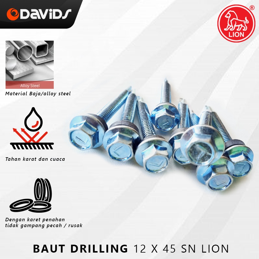 Baut Baja Ringan Sekrup Roofing Skrup Drilling Holo 12x45 Putih Lion
