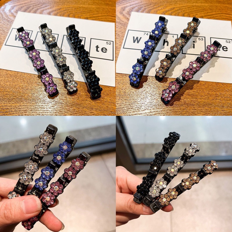 3pcs Jepit Rambut Kepang Kristal Fashion Duckbill Clip Fashion Double Layer Hair Clip Dengan 3jepitan Kecil Manis Jepit Poni Lucu Untuk Wanita &amp; Anak Perempuan