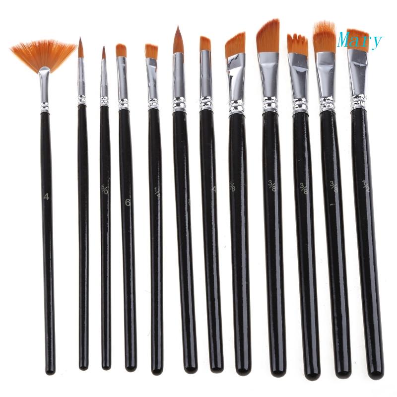 Mary 12 Pcs Nilon Rambut Akrilik Lukisan Cat Minyak Cat Air Artis Paint Brush Persediaan Set