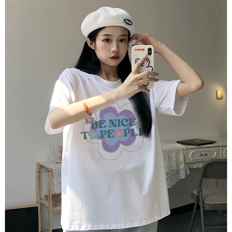 [3 Warna]Print T-shirt Kaos Lengan Pendek Cute Purple Flowers Atasan Wanita Korean Style