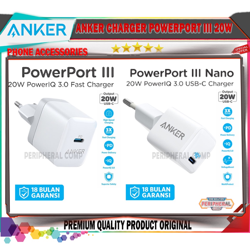 ANKER CHARGER POWERPORT III 20W PD USB C A2631G21 POWERPORT III NANO 20W A2633L22