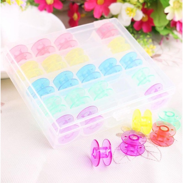 25 pcs + Case Spool Bobbin Plastik Warna Warni Mesin Jahit Rumah Tangga Portable Janome Singer Butterfly