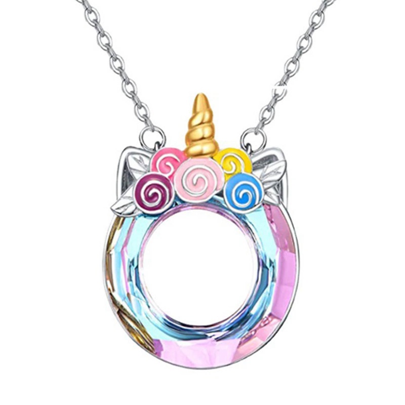 Lucu Kartun Warna-Warni Kristal Unicorn Liontin Kalung Wanita Fashion Pendapatan Perhiasan Hadiah Pesta Ulang Tahun Anniversary