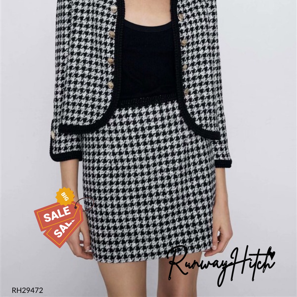 MINI SKIRT ROK MINI TWEED HOUNDSTOOTH KOREA RH29472 / ROK HITAM PUTIH (SALE)