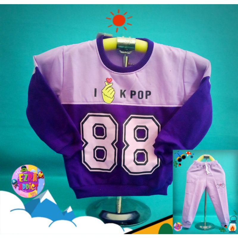 TERMURAH - Umur 1 2 3 4 5 6 tahun - Misel Setelan Sweater Korea Girl BTS BT21 - Pundak Ungu Muda Lov