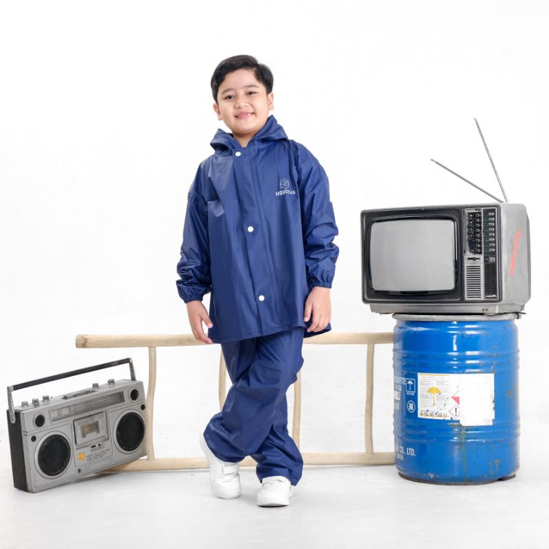 HOODJAS | Jas Hujan Setelan Anak / Raincoat Premium Bahan PVC NYLON Navy / Mantel Anak Laki Laki Perempuan / Model Terbaru