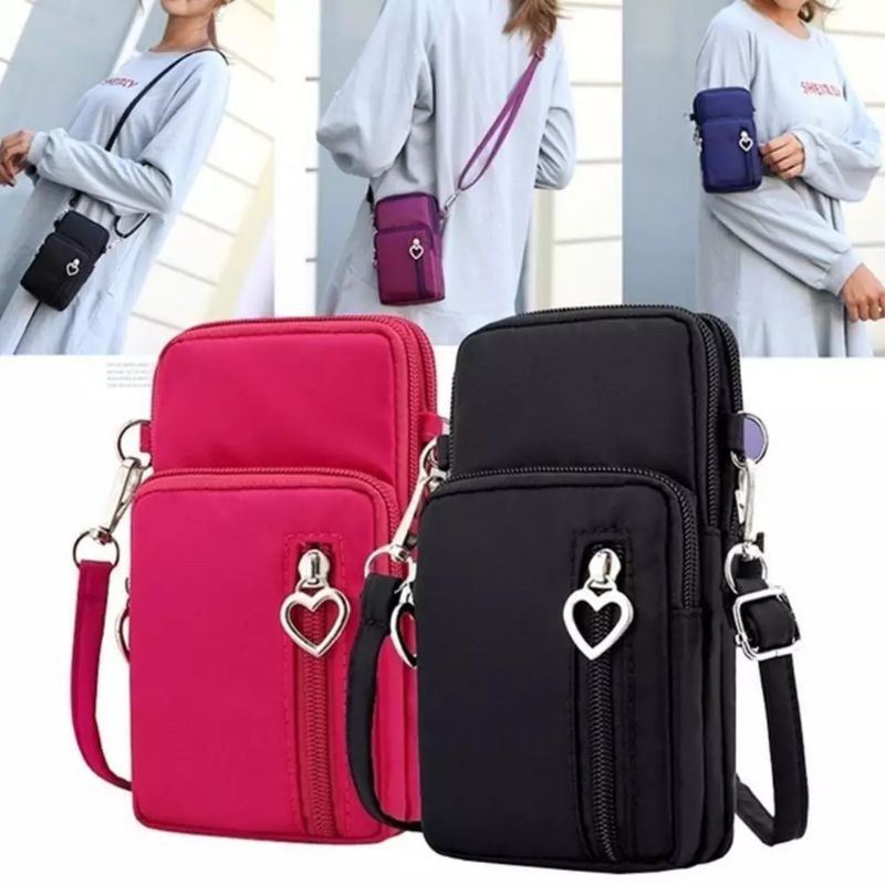 Tas HP Selempang Wanita Lokal Mini Heart Zipper L Size / Mini Sling Bag korea Tas Simple Gaya Modern