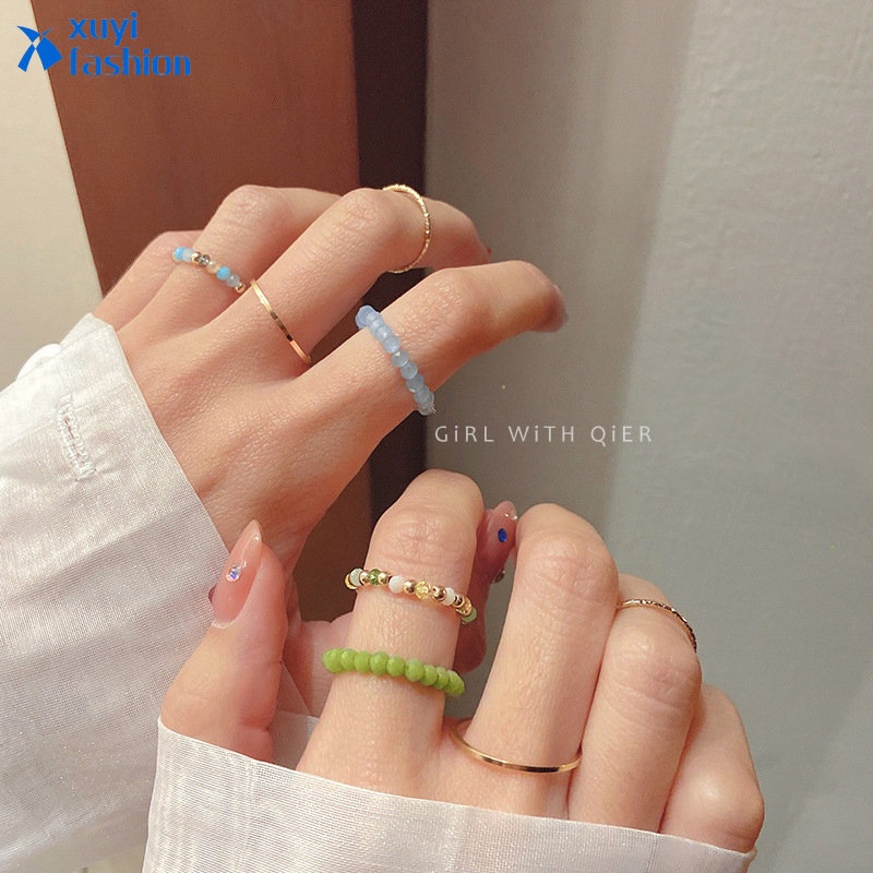 4pcs /Set Cincin Manik-Manik Warna-Warni Set Cincin Elastis Elegan Untuk Wanita Fashion Perhiasan Aksesoris