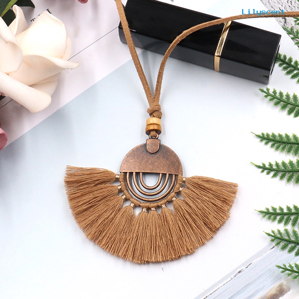 [LS] Bohemian Gaya Etnik Kalung Alloy Berbentuk Kipas Benang Katun Rumbai Wanita Necklace Perhiasan Aksesoris