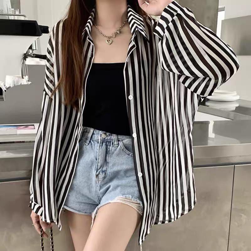 Kemeja Garis Salur Wanita Lengan Panjang Oversize Hem Salur Jumbo Korean Bigsize Ld 120 S-XXXL Cewek