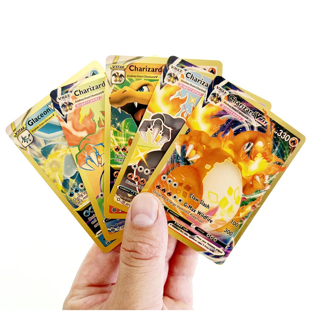 【COD】100/110/150pcs Metal Pokemon Cards /Kartu Perdagangan Pokemon Emas Koleksi Game Pikachu Versi Bahasa Inggris