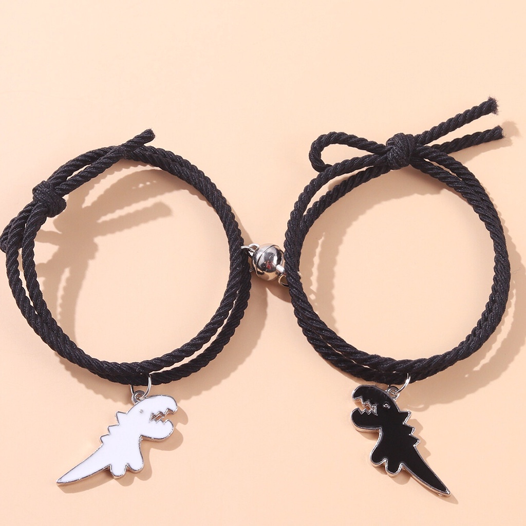 2pcs/set Magnet Couple Gelang Lucu Kartun Kucing Dinosaurus Liontin Pesona Adjustable Tali Elastis Gelang Pergelangan Tangan Hadiah Kekasih Untuk Wanita Pria