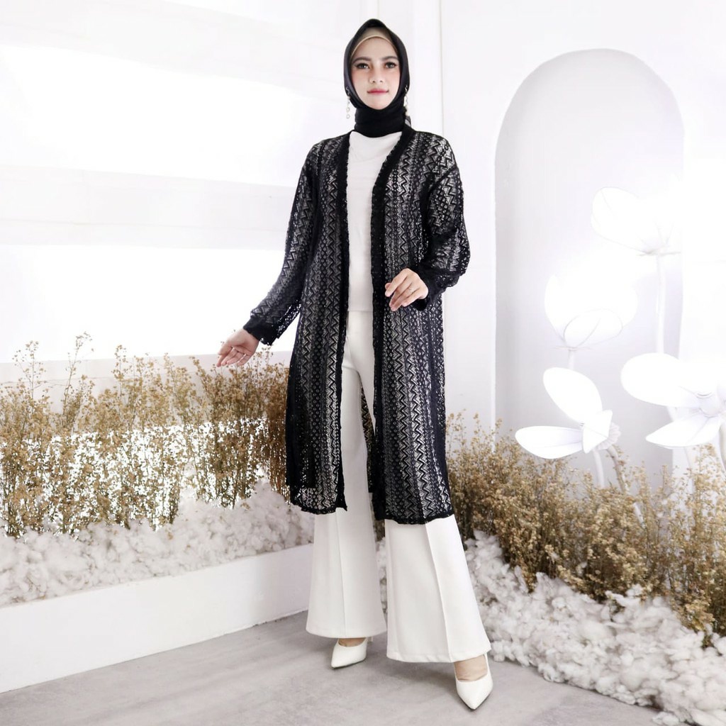 PAKAIAN WANITA MUSLIMAH LONG OUTER CARDIGAN PUTIH BROKAT LENGAN PANJANG