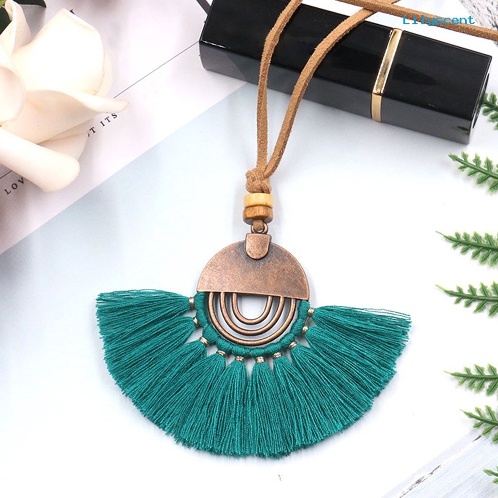 [LS] Bohemian Gaya Etnik Kalung Alloy Berbentuk Kipas Benang Katun Rumbai Wanita Necklace Perhiasan Aksesoris