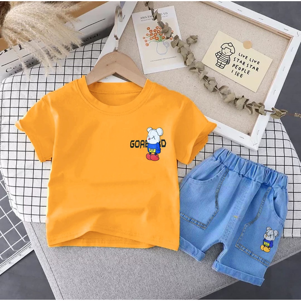 SETELAN ANAK BAJU KAOS CELANA PENDEK BAHAN DENIM UMUR 1-5 TAHUN MOTIAF GOAAR SETELAN ANAK BAJU ATASAN MASA KINI TERMURAH FASHION ANAK TERLARIS