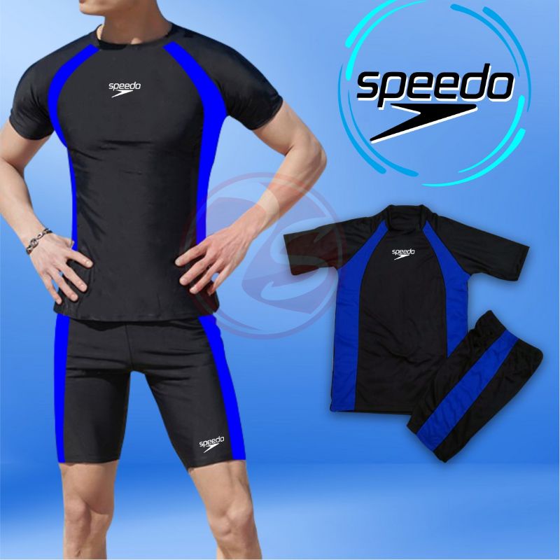 Setelan renang murah baju celana hitam LIS BIRU csswim super speed short sleeve short pants