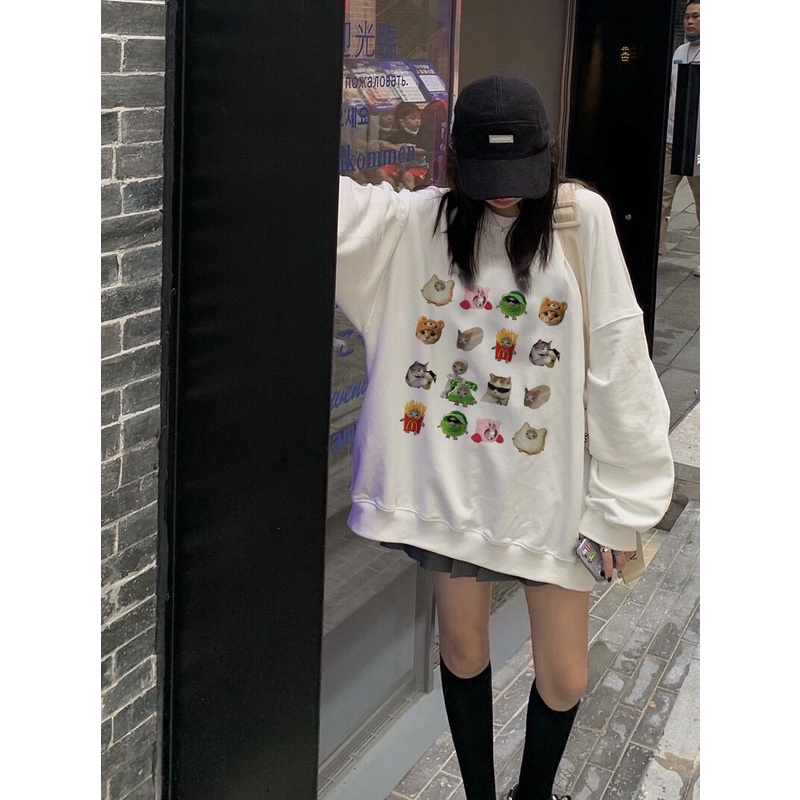 EUNII Sweater Lengan Panjang Cartoon Cat Bread Korean Style/Hoodie Oversize/Baju Wanita/Switer Wanita