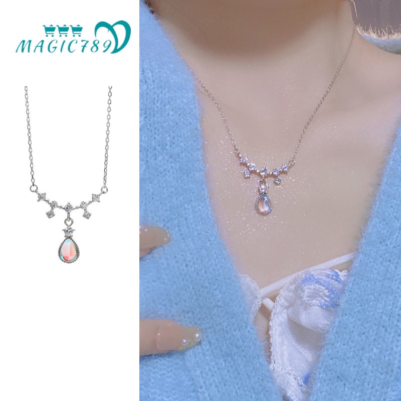 Papaozhu Elegan Mermaid Tears Moonstone Pendant Kalung Untuk Wanita Gadis Vintage Zirkon Tetesan Air Pesona Tulang Selangka Rantai Kalung Pertunangan Pesta Malam Perhiasan Hadiah