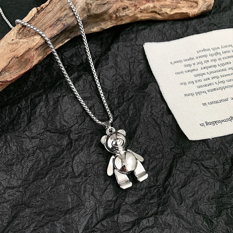 Kalung Rantai Panjang 70CM Desain Beruang Bahan Titanium Steel Warna Silver Gaya Punk Untuk Wanita