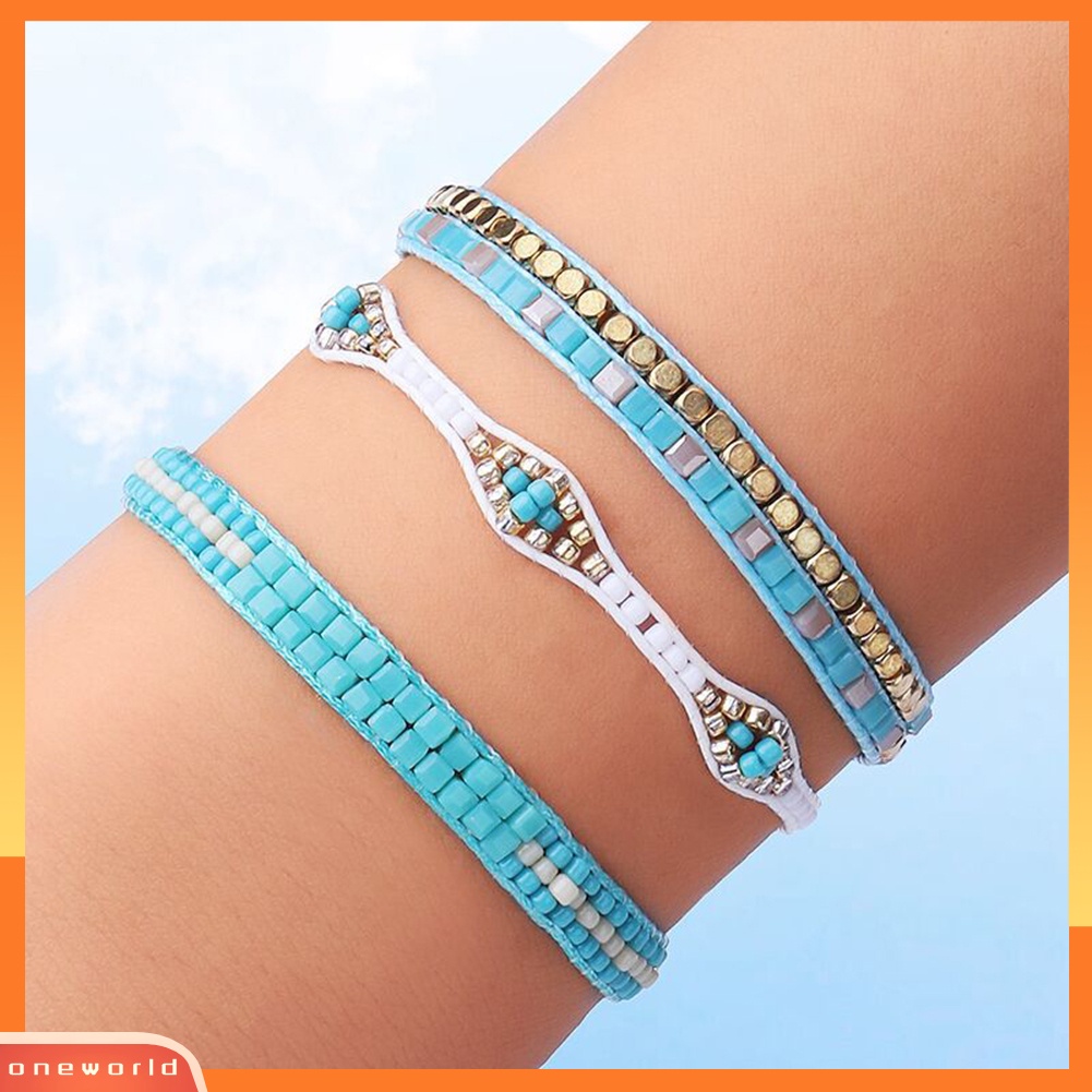 [WONE] 3pcs/set Boho Wanita Cube Manik-Manik Tali Lilin Anyaman Gelang Pantai Perhiasan Hadiah