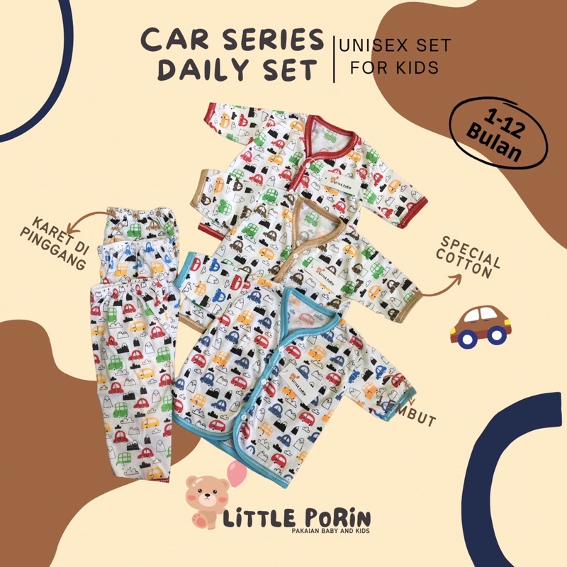 Little Porin Car Series Baju Bayi Special Cotton Setelan Baju Kancing Depan + Celana panjang Car Series/baju bayi catton prenium/Setelan bayi/Baju bayi kualitas terbaik/Baju Bayi lembut/ Baju bayi anti alergi/baju anak sni/baju anak lucu/stelan baju anak