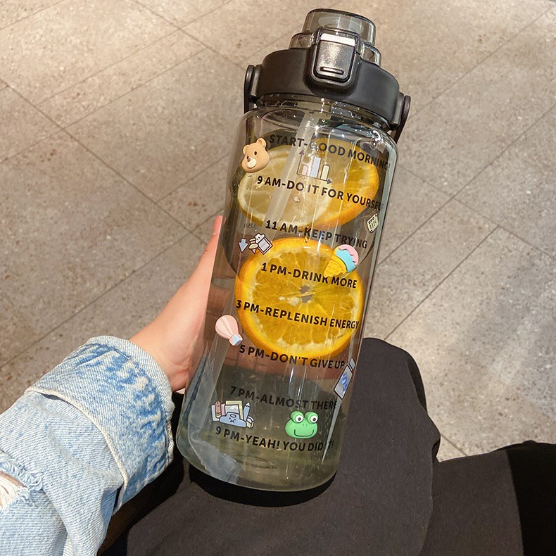 Botol Minum Besar Botol Bening Transparan Bonus Stiker + Pegangan + Sedotan Tempat Wadah Air Kulkas 