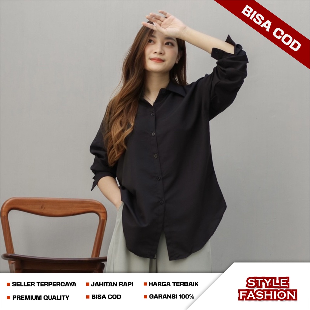Atasan Kemeja Blouse Wanita Perempuan Polos Lengan Panjang Bahan Katun Rayon Warna Hitam Maroon Navy