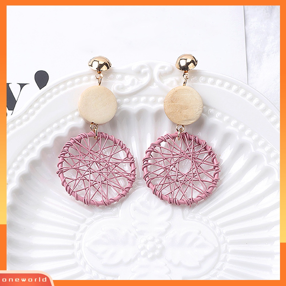 [WONE] Vintage Wanita Kayu Bulat Dreamcatcher Statement Stud Earrings Perhiasan Hadiah