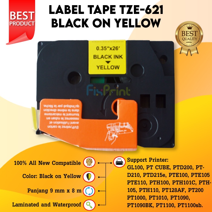 Label Tape TZE-621 TZE621 621 9mm x 8m Black On Yellow Printer Brother