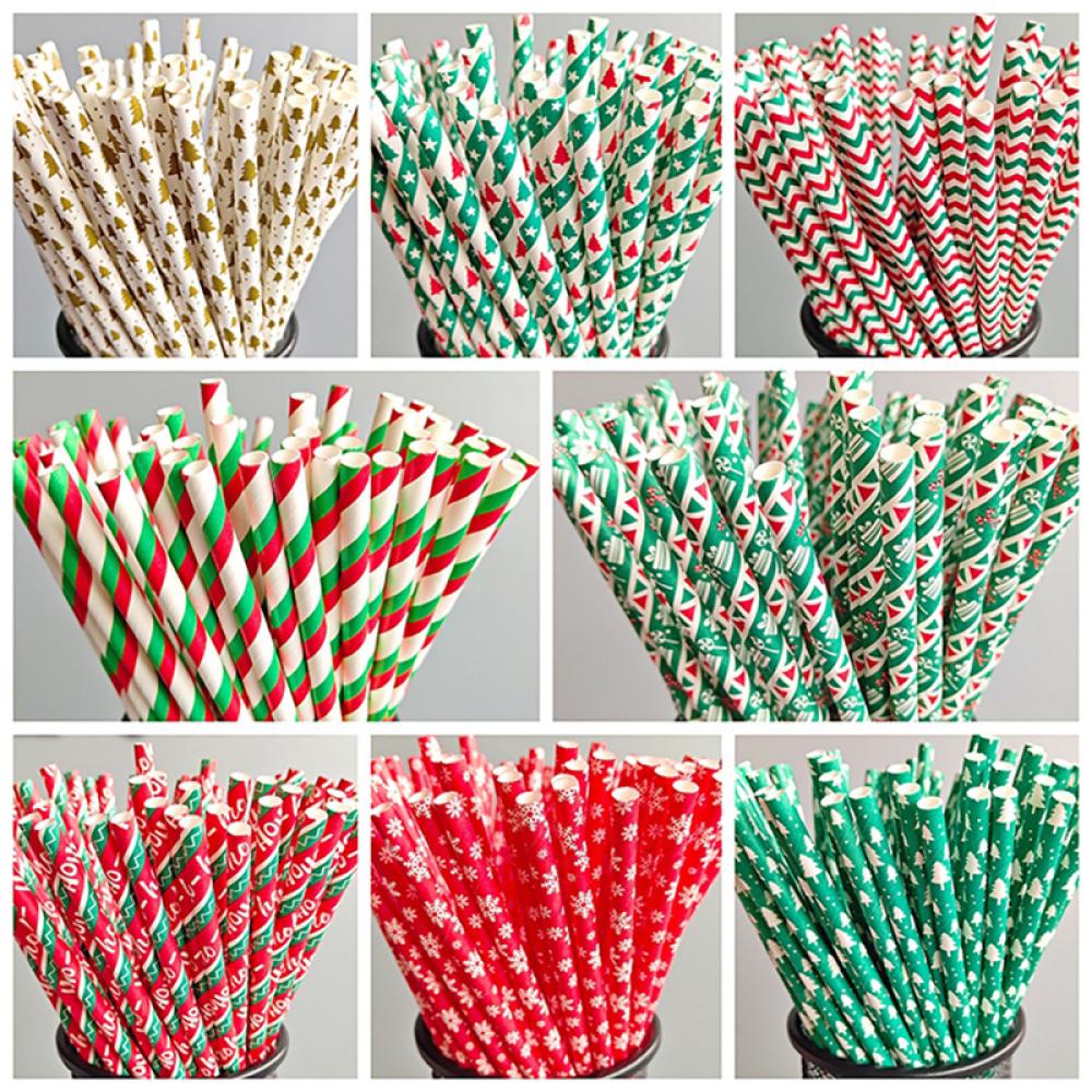 Timekey 25Pcs Sedotan Kertas Natal Sekali Pakai Biodegradable Drinking Straw Xmas Dekorasi Untuk Tahun Baru Pernikahan Ulang Tahun Perlengkapan Pesta L4P4