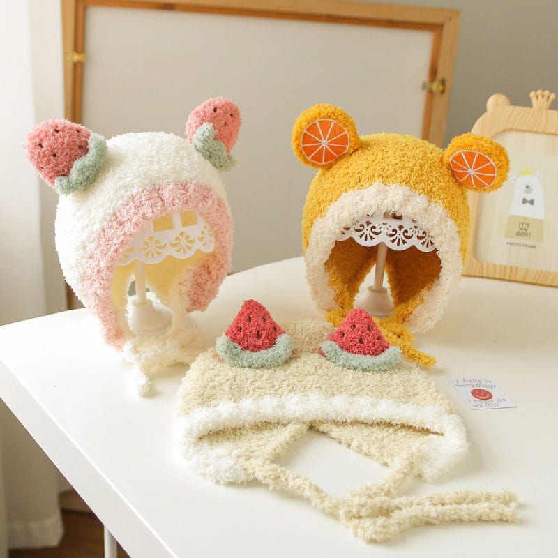 Topi Kupluk Rajut Fleece hangat Pom Buah bayi Import