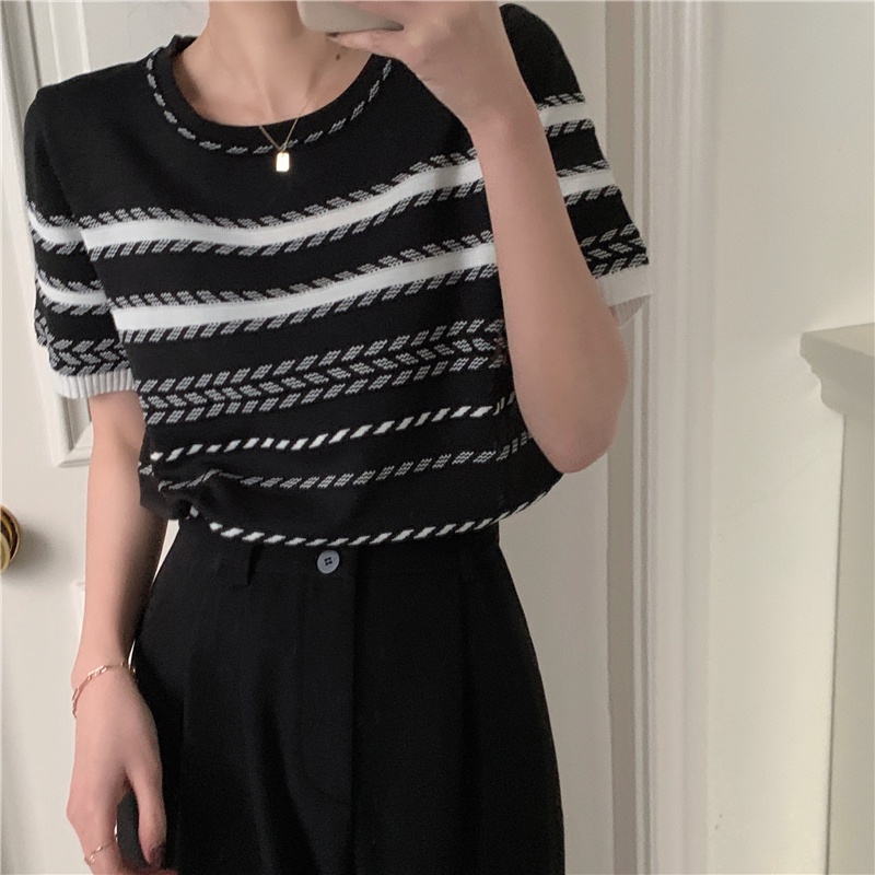 XIAOZHAINV Korean Style Stripe Kaos Atasan Wanita 0398