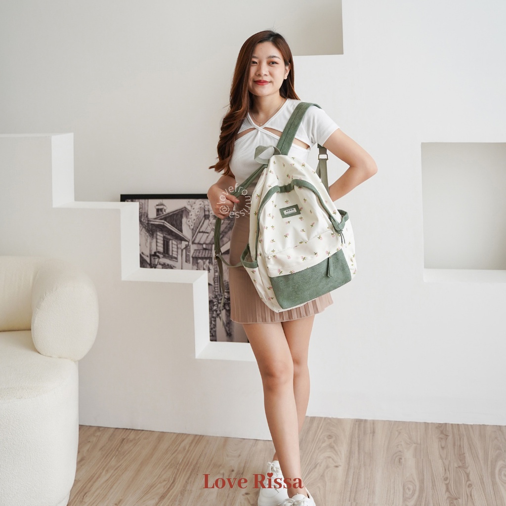 Tas Lucu [RISSA] Ransel Fleur Vintage Backpack Ransel Motif Bunga Vintage Korean Style Tas Wanita