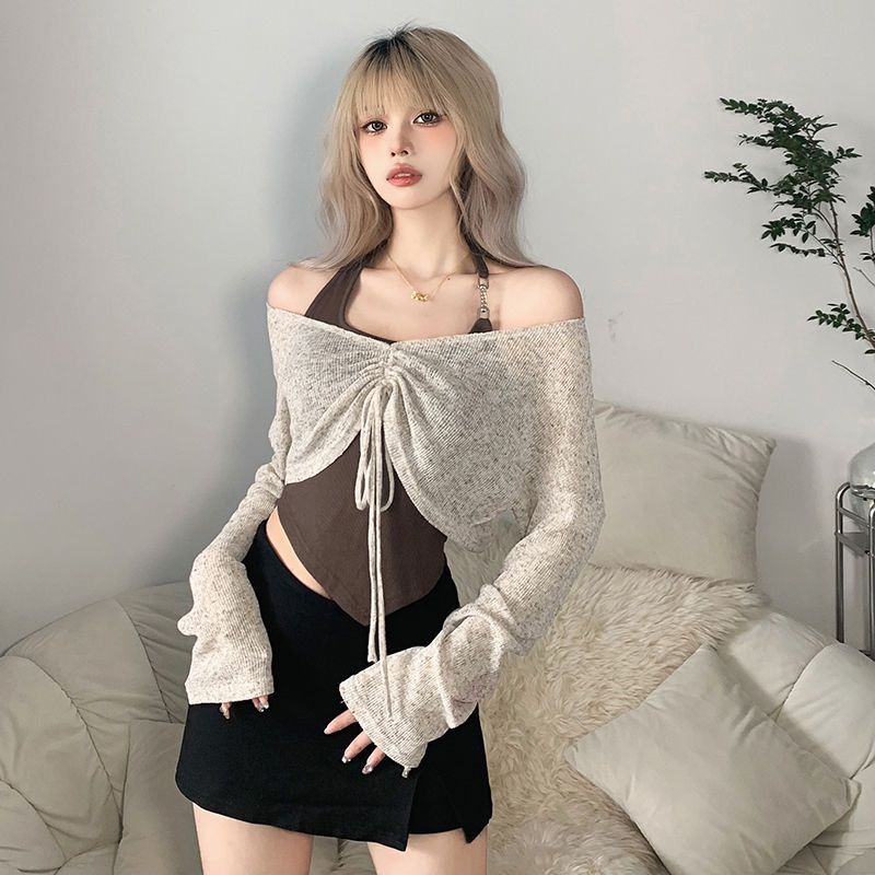 ✹Suhao Whatiwear Hot Girl Suasana Irregular Apron Menggantung Leher Suspender Wanita + Lengan Panjang T-shirt Dua Pakaian Kasual