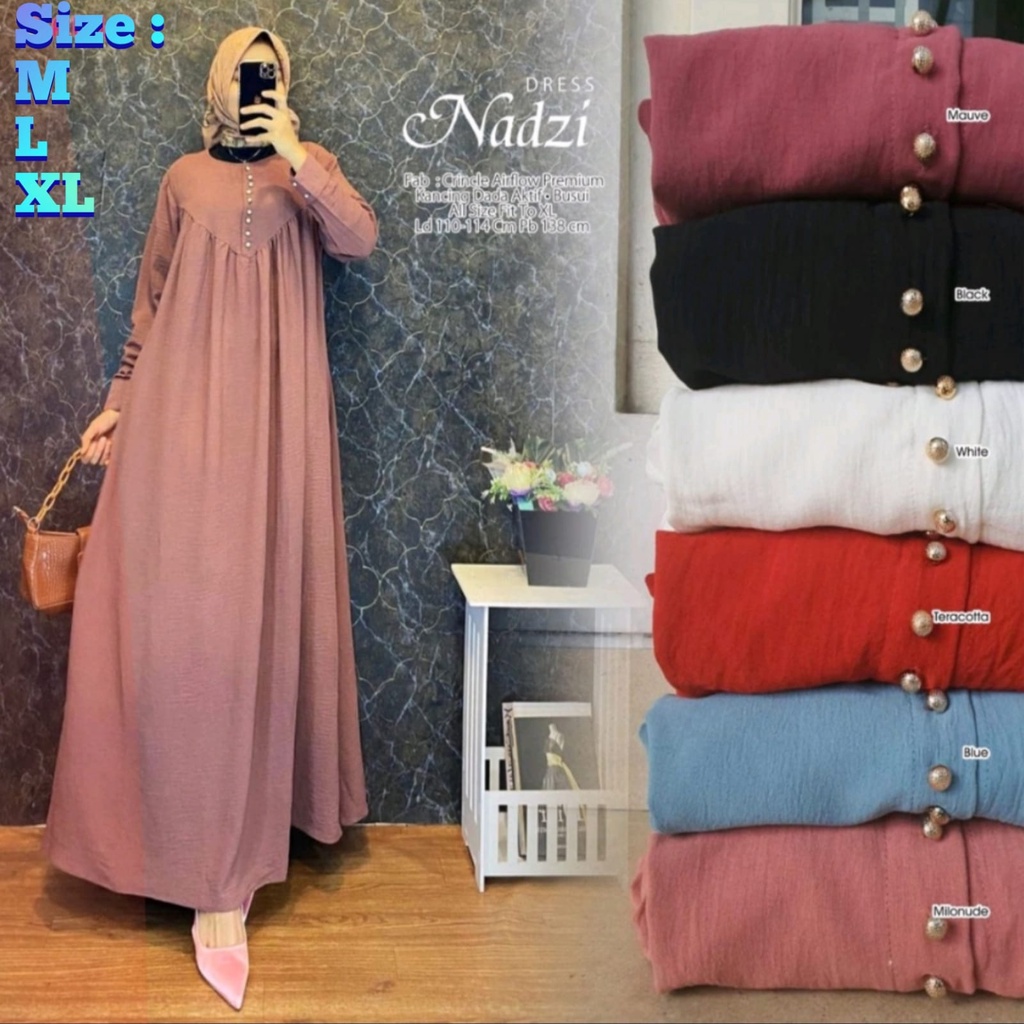 Nadzi Dress / ( Size M~L~XL ) / Dress WAnita / BAhan Crinkle AirFlow Premium / Gamis Prempuan Piral Crinkle / Baju Pesta Lebaran Terbaru Termurah / COD