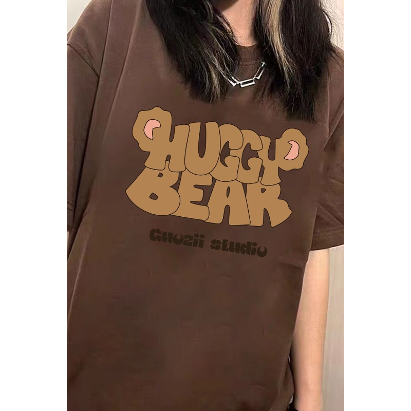 4 warna 100% Katun Graphic Tee Baju Wanita Letter Atasan Wanita Oversize Kaos Putih T-shirt Couple Korean Style/Baju coklat