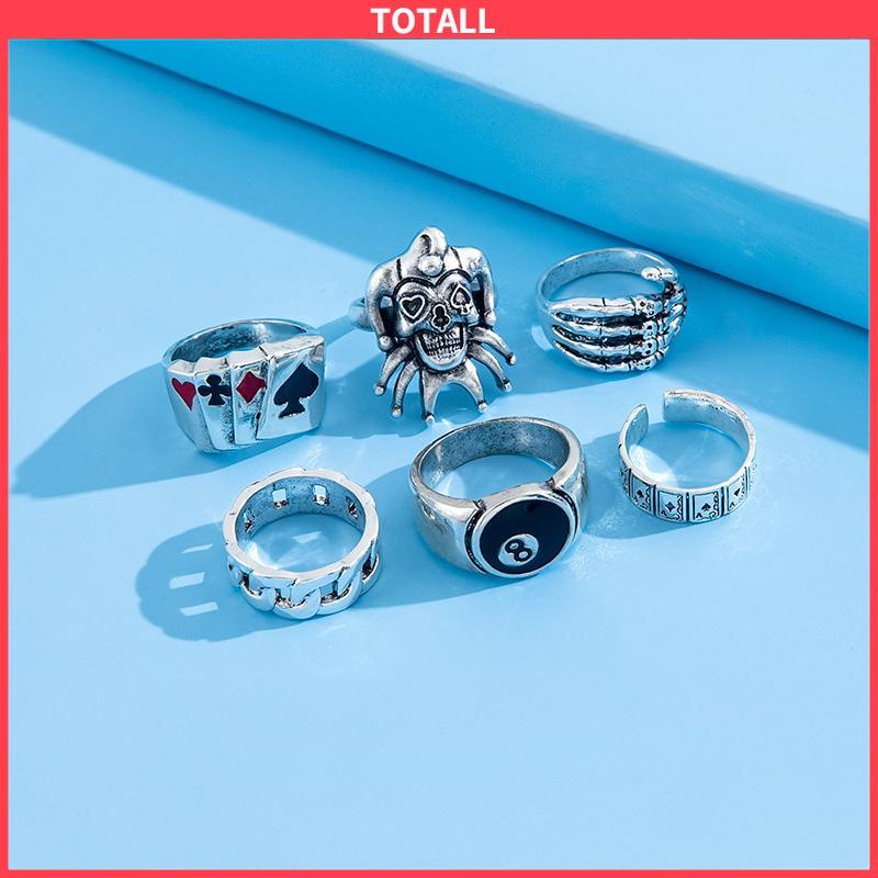 COD 6PCS/Set Cincin Unisex  Punk Membesar-besarkan  Badut Poker Cakar Hantu Tengkorak  Perhiasan Bulat Nomor 8-Totall