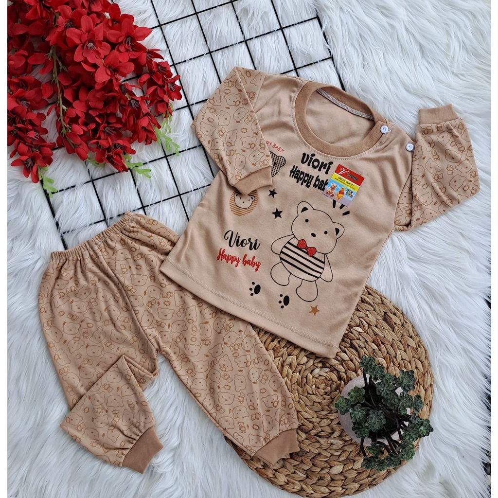 stelan baju bayi laki laki perempuan lucu murah motif HAPPY BEAR DASAR WARNA PANJANG 3-18 bulan