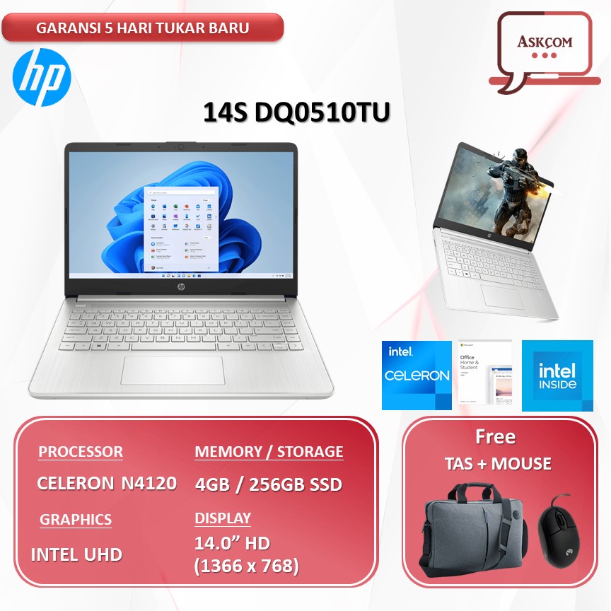 Laptop HP 14S DQ0510TU Celeron N4120 RAM 4GB 256GB SSD W11+OHS 14.0 BLIT