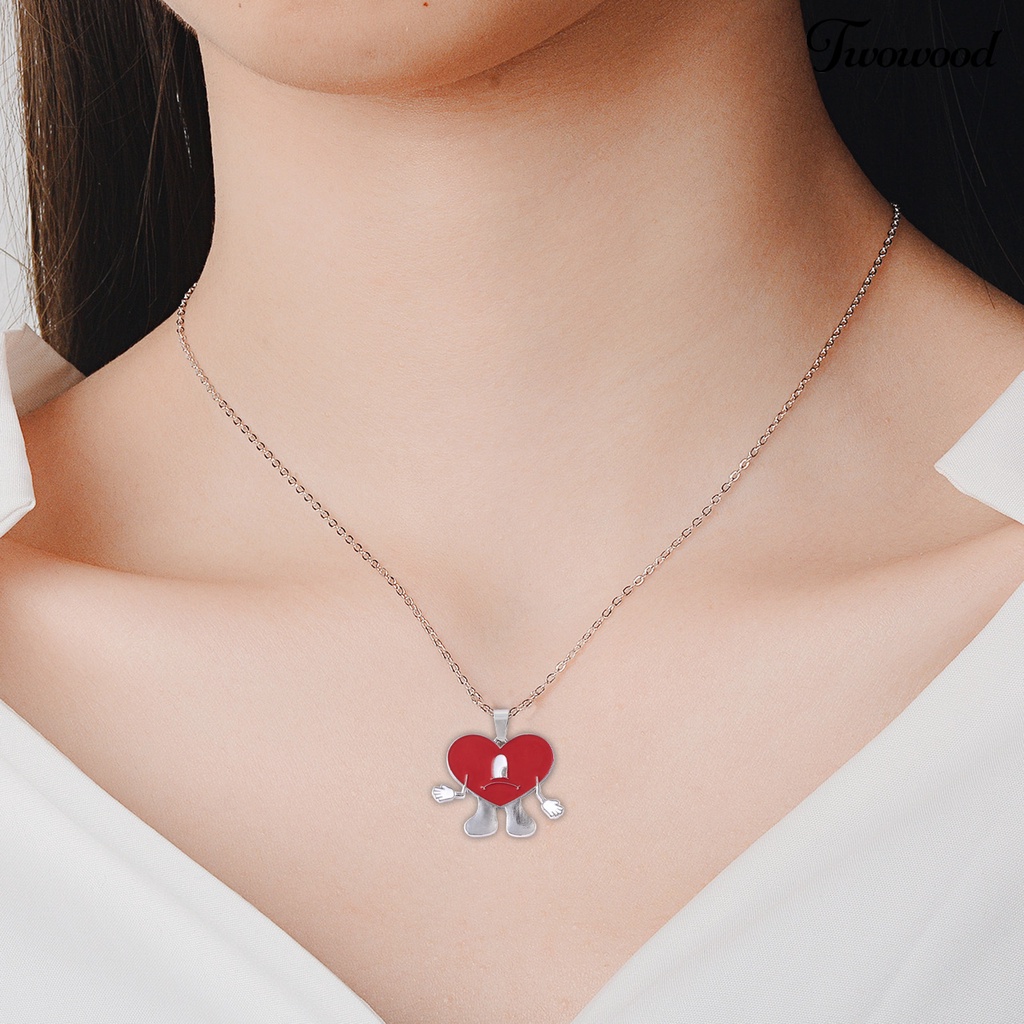 Twowood Liontin Kalung Pribadi Berbentuk Hati Rantai Salib Geometris Electroplating Leher Ornamen Colorfast Bad Bunny Heart Necklace Perhiasan Aksesori