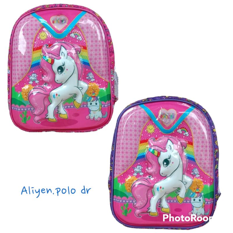 Tas Ransel anak Karakter timbul LED Kuda Pony/ Strawberry/ Boba/ Hello Kitty/ Black Pink