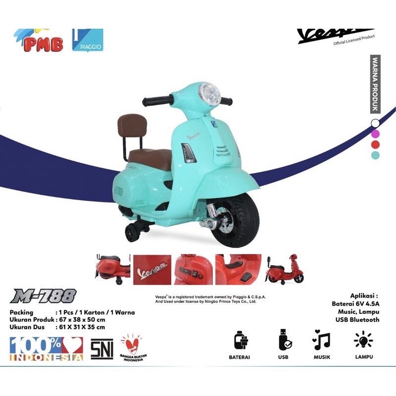 MAINAN MOTOR AKI ANAK VESPA PIAGIO PMB M 788 MOTOKIDS NEW EDITION